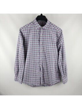 Johnston Murphy Mens L/S Plaid Dress Shirt Button Down Purple Black White Size L
